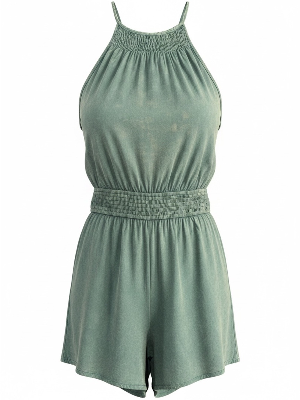 LA MIEL Mineral Washed Halter Romper Forest Green Boho Size Large